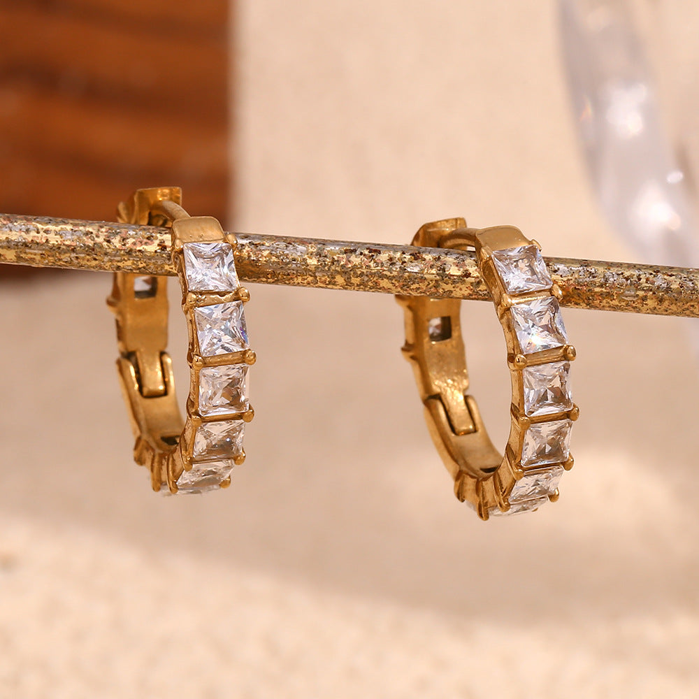 Minimalist Elegant Geometric Stainless Steel Gold Plated Rhinestone Hoop Earrings for Women