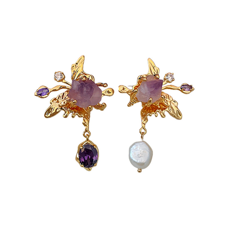 Baroque-Style Asymmetrical Freshwater Pearl and Zircon Butterfly Earrings in Sterling Silver for Women
