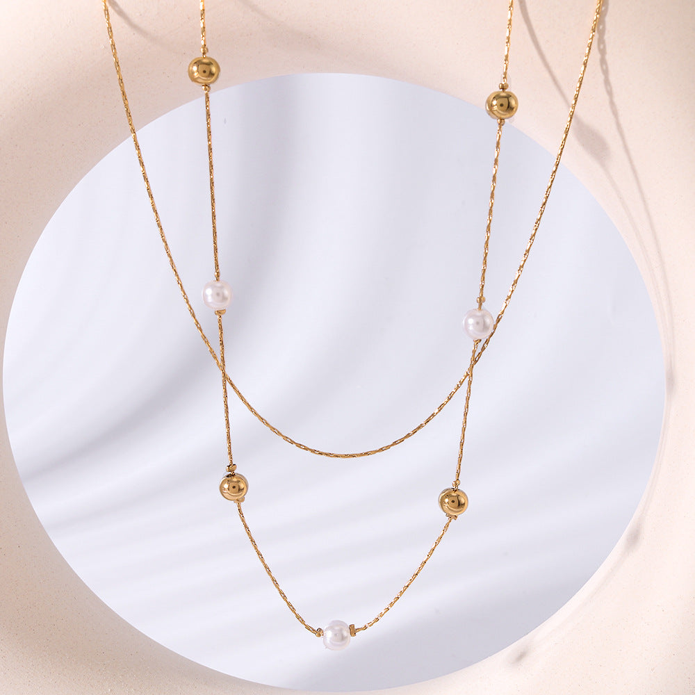 Minimalist Double-Layer Pearl Ball Necklace in Titanium Steel with 18K Gold Plating for Women