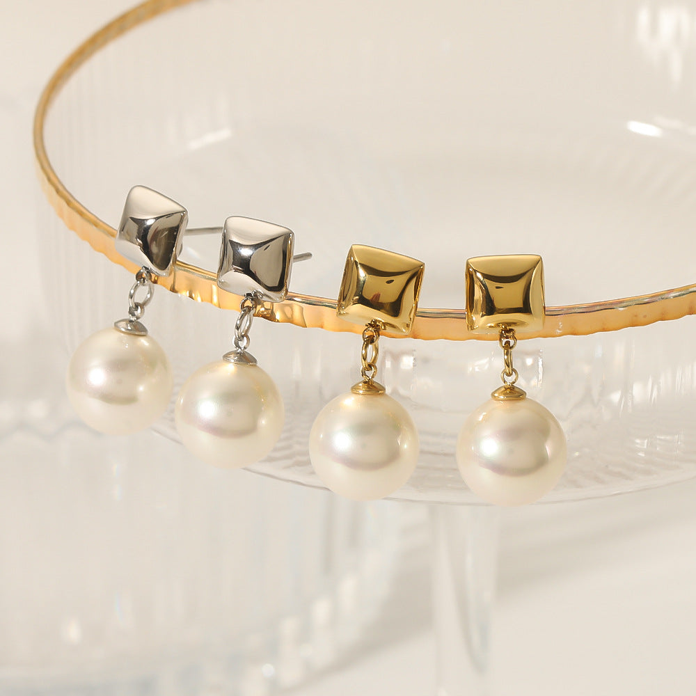 Geometric Rhombus Pearl Earrings in Stainless Steel with 18K Gold Vacuum Plating for Women