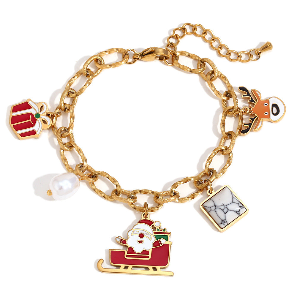Simpatico bracciale da donna in acciaio inossidabile placcato oro 18 carati con Babbo Natale e renne in stile cartone animato