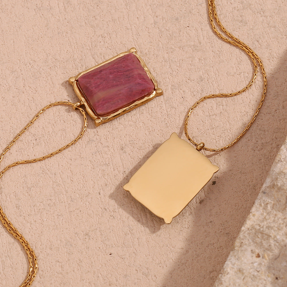Collana con pendente geometrico rettangolare in pietra naturale, alla moda, da donna, in acciaio inossidabile placcato oro 18 carati