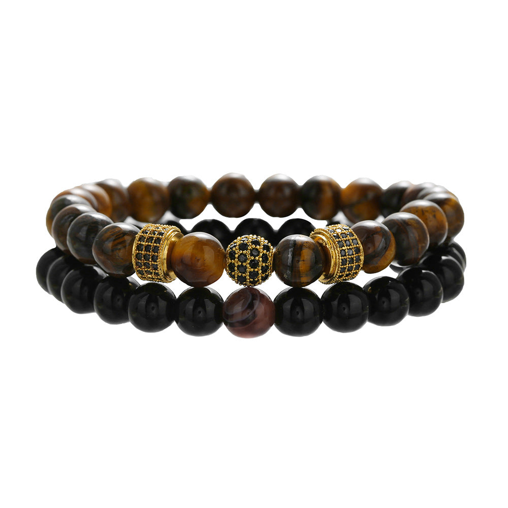 Geometric Round Brass Alloy Bracelet with Cubic Zirconia Inlay Handmade Beaded Stretch Design for Unisex