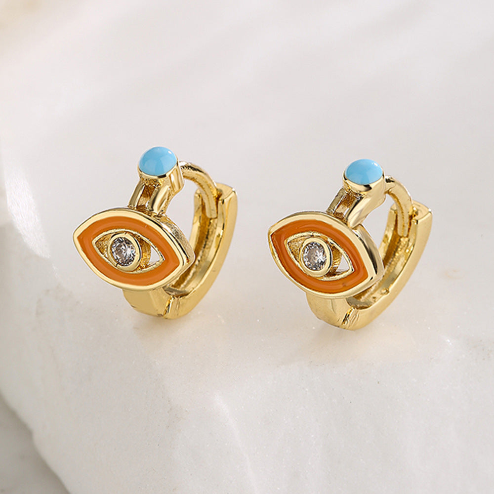 Minimalist Geometric Copper Earrings with 18K Gold Plating and Enamel-Finished Zirconia Eye Accents for Women