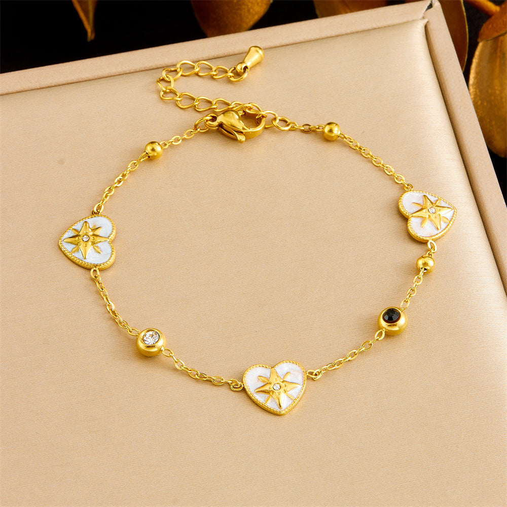 Vintage Elegant Two-Tone Eight-Pointed Star and Heart Rhinestone Inlay Stainless Steel Jewelry Set with Cable Chain