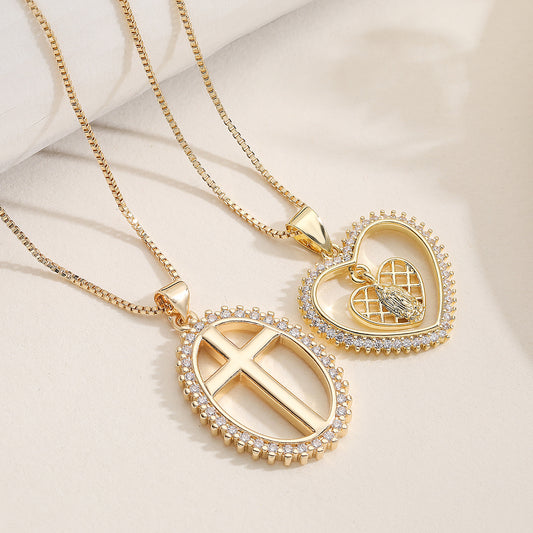 Minimalist Vintage Hollow Heart Cross Plated Brass Pendant Necklace for Women