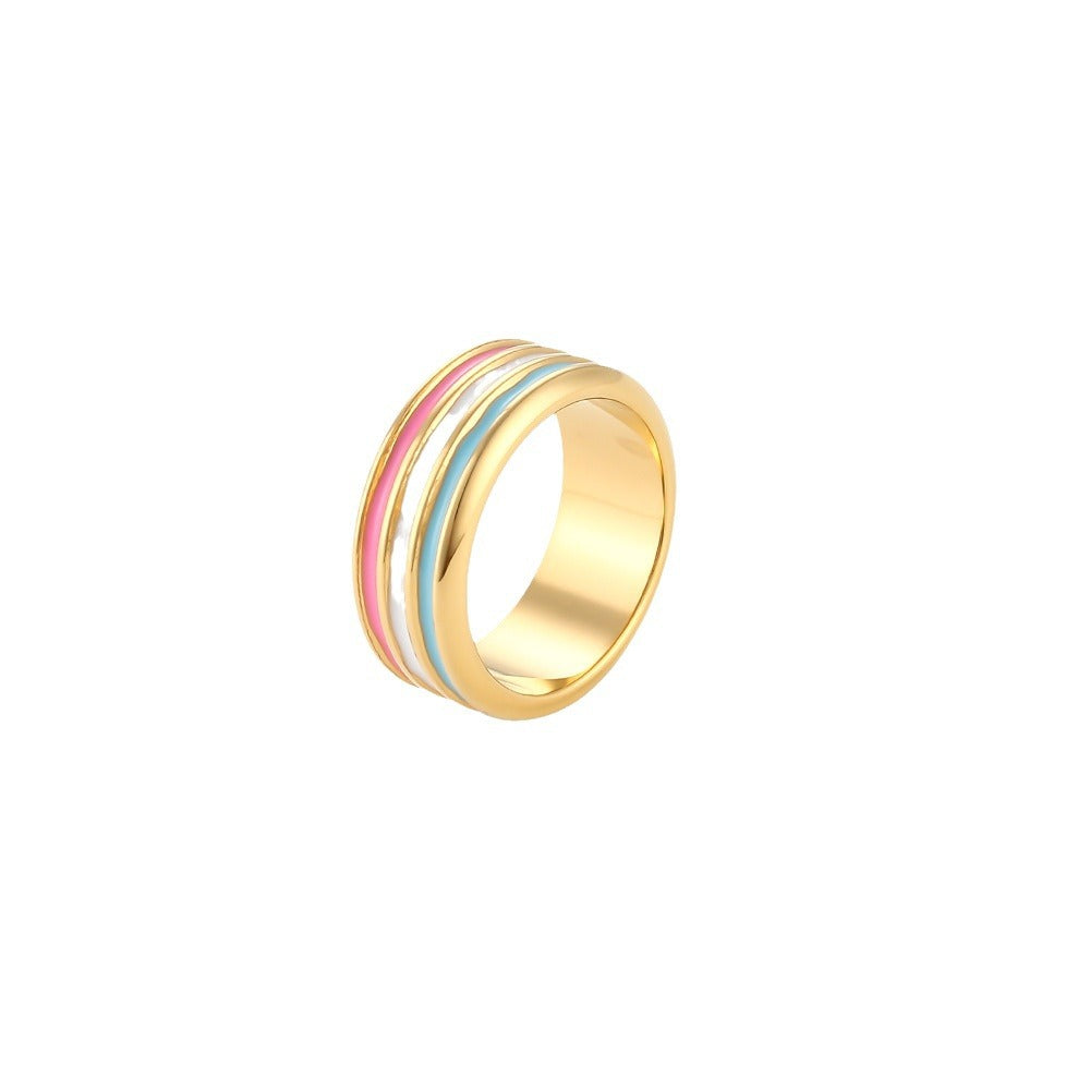 Fashionable Vintage Geometric Stainless Steel Plated 18K Gold Color Enamel Thread Ring for Women