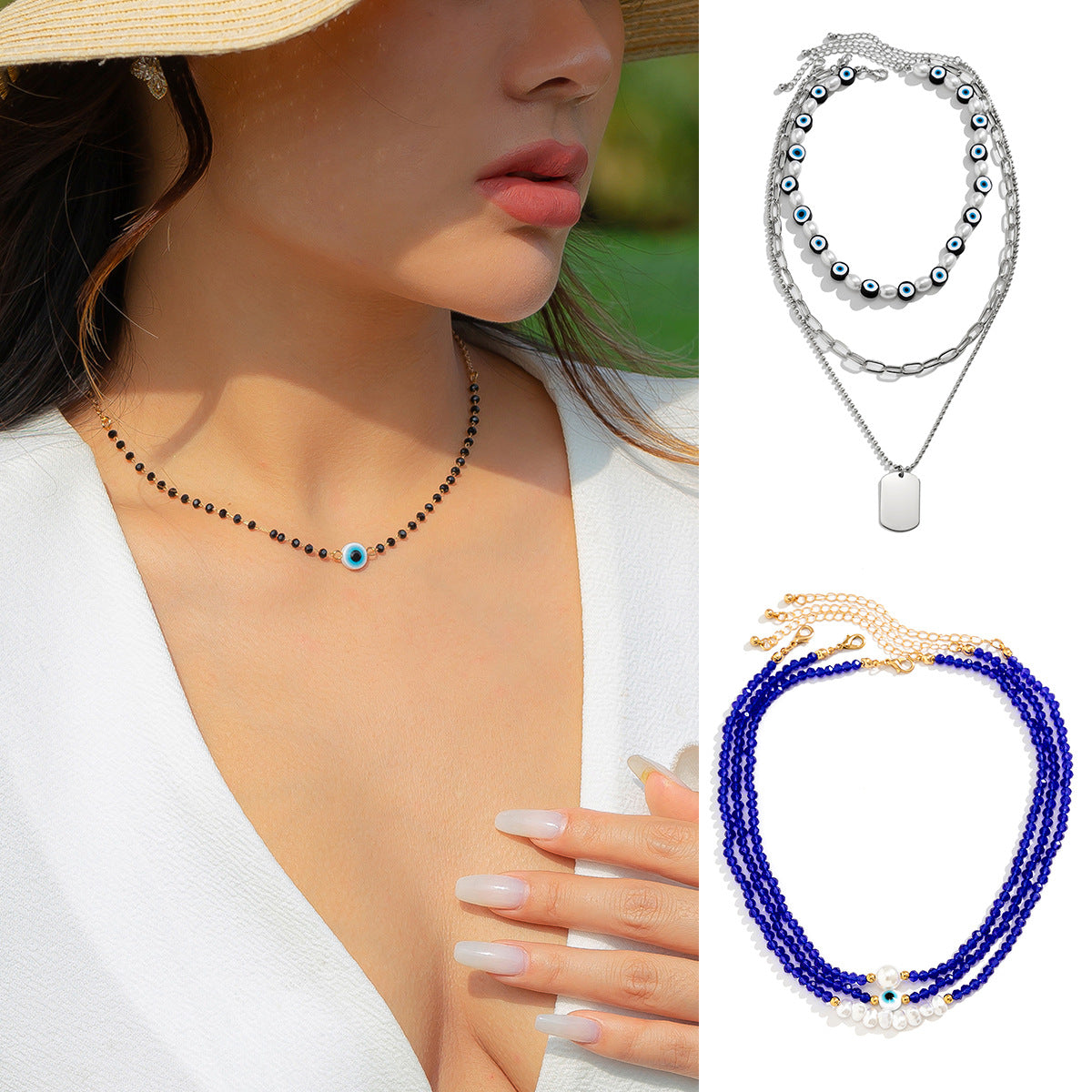 Minimalist Multi-Layer Necklace with Geometric Eye Pendant, Stainless Steel Chain, Tassel Accents, and Electroplated Finish