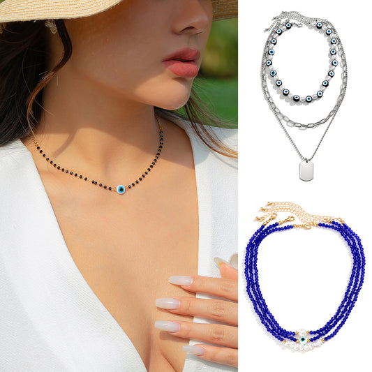 Minimalist Multi-Layer Necklace with Geometric Eye Pendant, Stainless Steel Chain, Tassel Accents, and Electroplated Finish