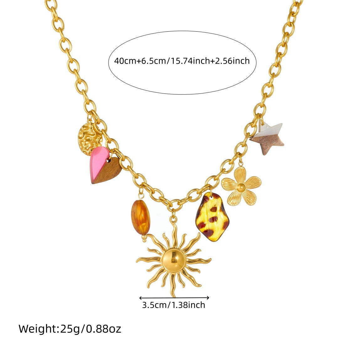 Vintage Gold Plated Stainless Steel Acrylic Wood Leopard Print Heart Flower Sun Pendant Necklace for Women