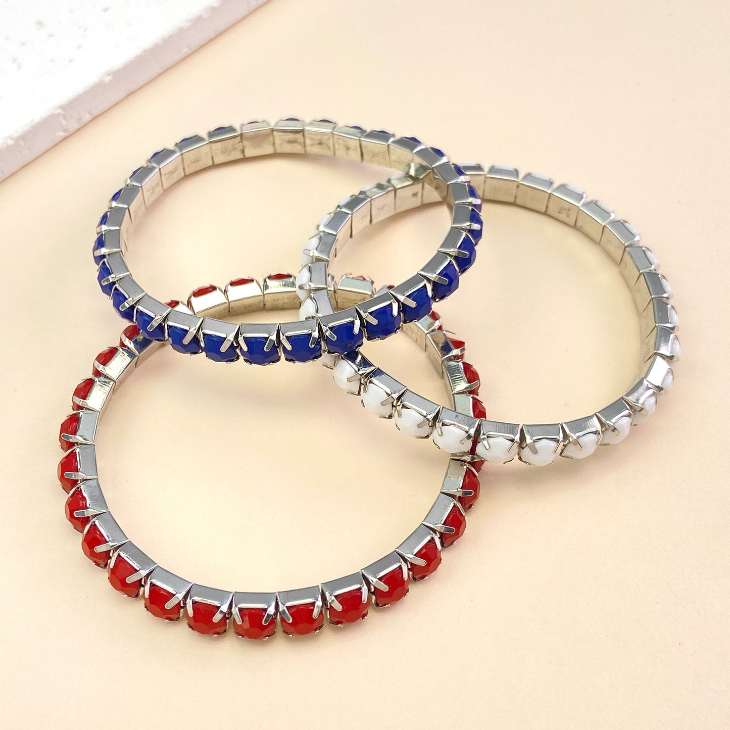 Red White Blue Brass Resin Inlay Stretch Bracelet Set
