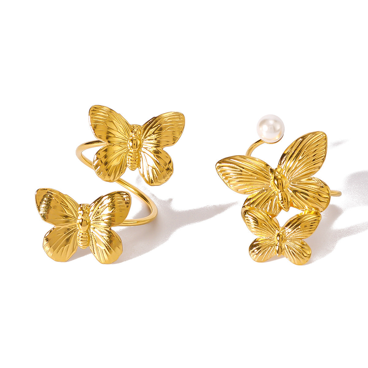 Minimalist Butterfly-Shaped Stainless Steel Ring with 18K Gold Plating and Pearl Inlay for Women