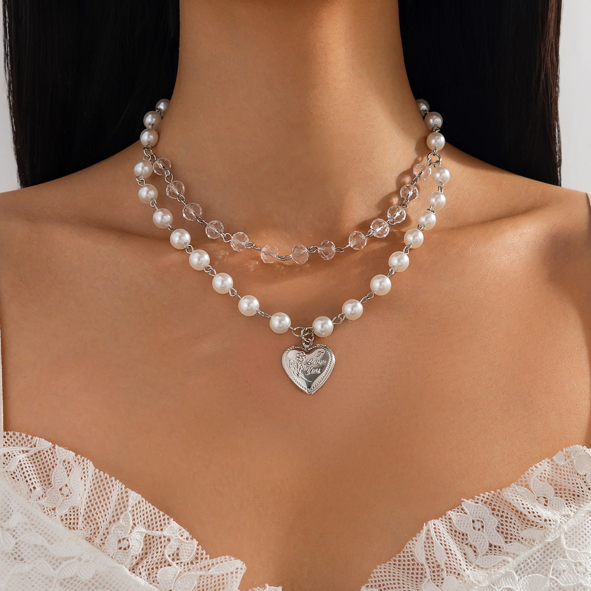 Sweet and Edgy Heart Star Pendant Necklace with Tassels for Women Alloy Chain with Pearl-Like Beads
