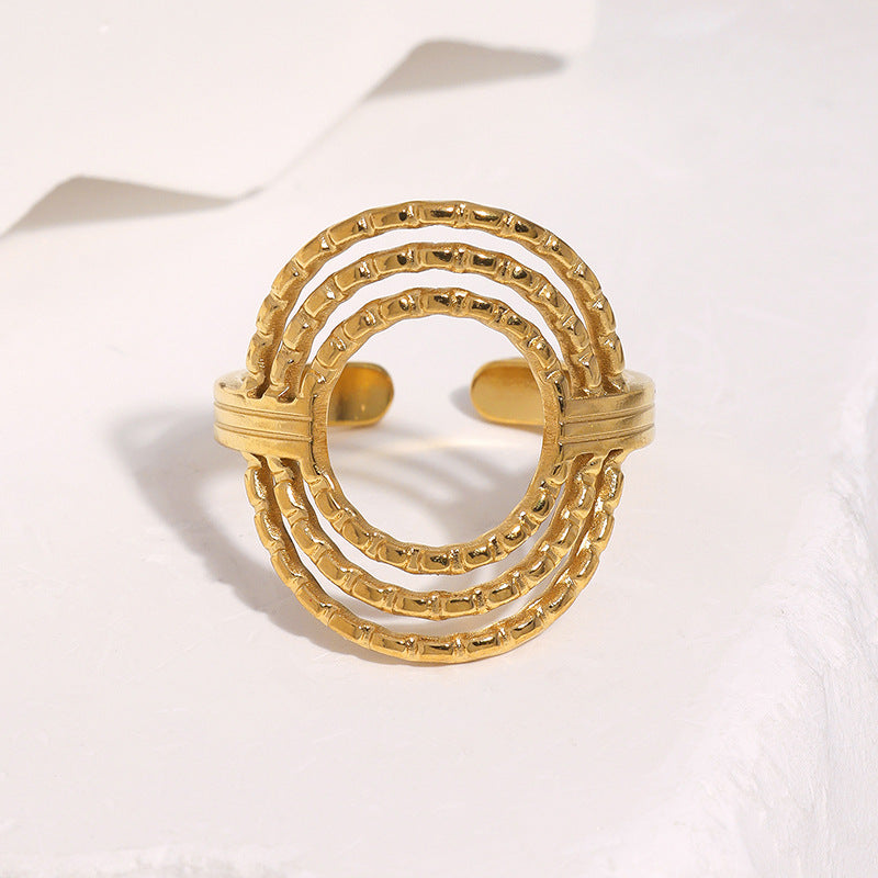 Elegant Minimalist Geometric Round Textured 18K Gold Plated Stainless Steel Open Ring for Women