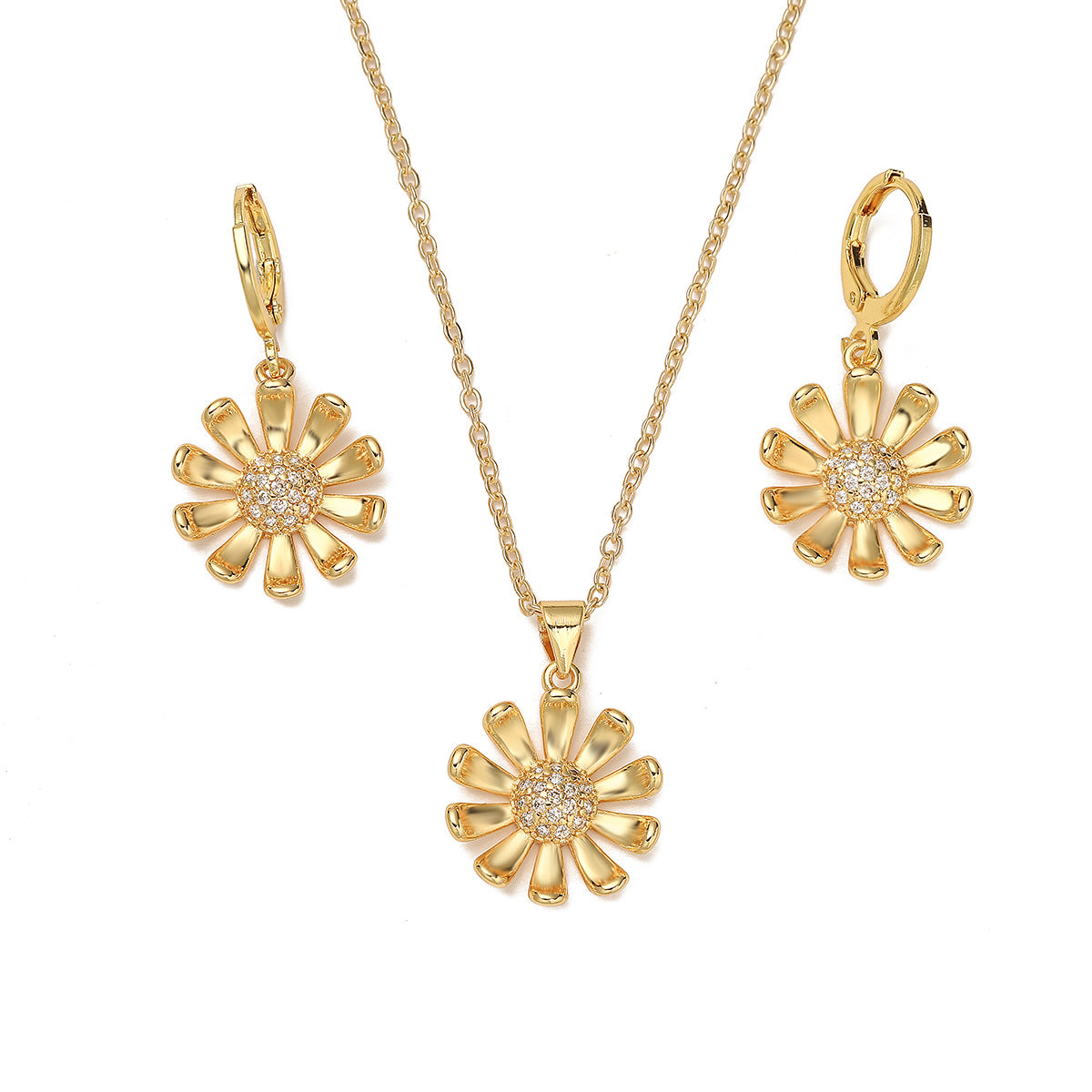 Minimalist 18K Gold Plated Brass Sunflower Pendant Necklace and Earring Set with Cubic Zirconia Micro-inlay on Ball Chain for Women