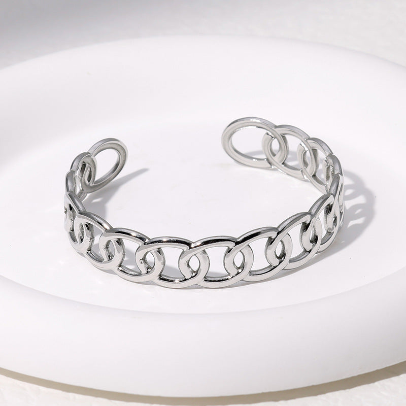 Bracciale a Polsino Minimalista Geometrico in Acciaio Inox con Finitura Placcata Regolabile per Donna