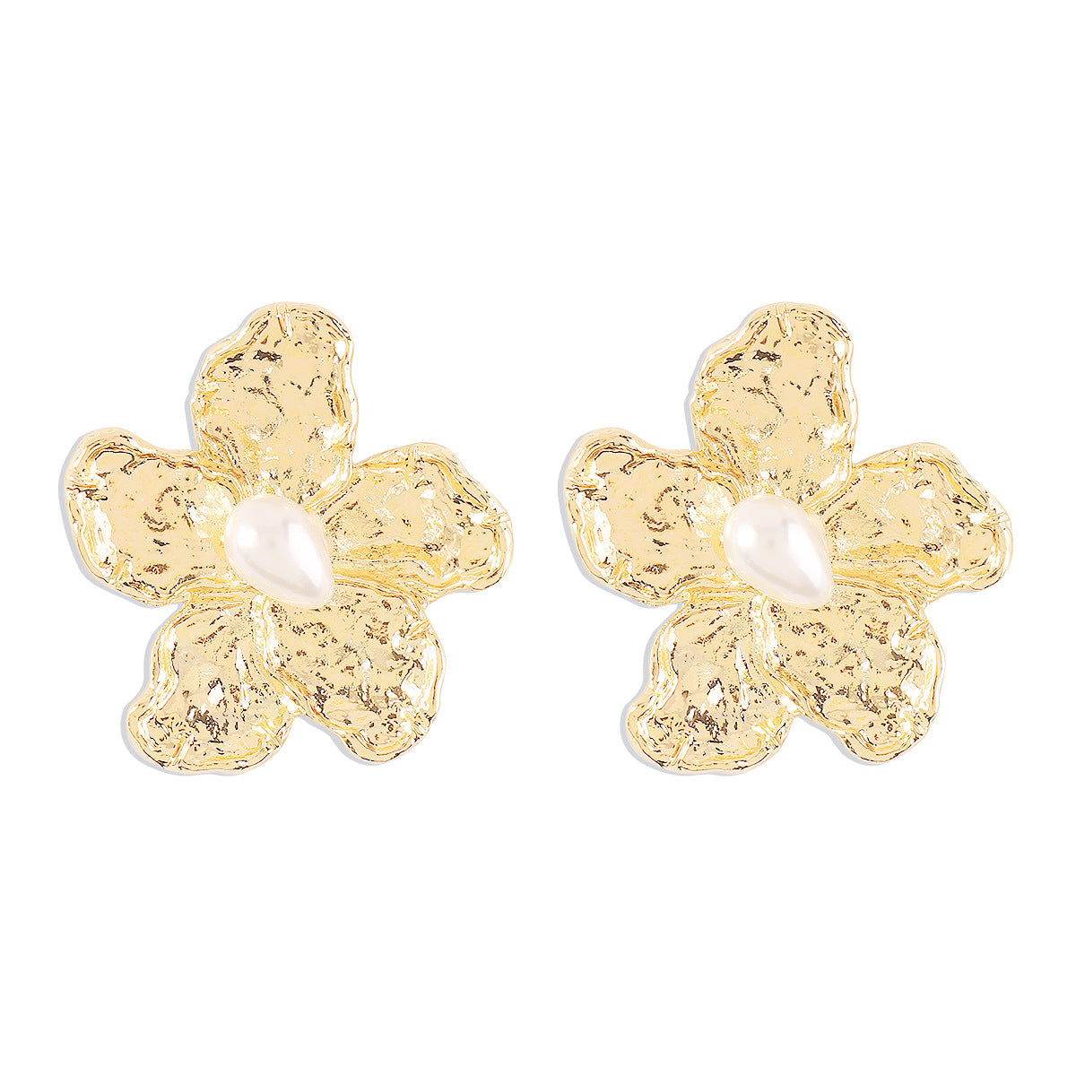 Pendientes de tuerca florales dulces y atrevidos para mujer de aleación con incrustaciones de perlas e acabado galvanizado