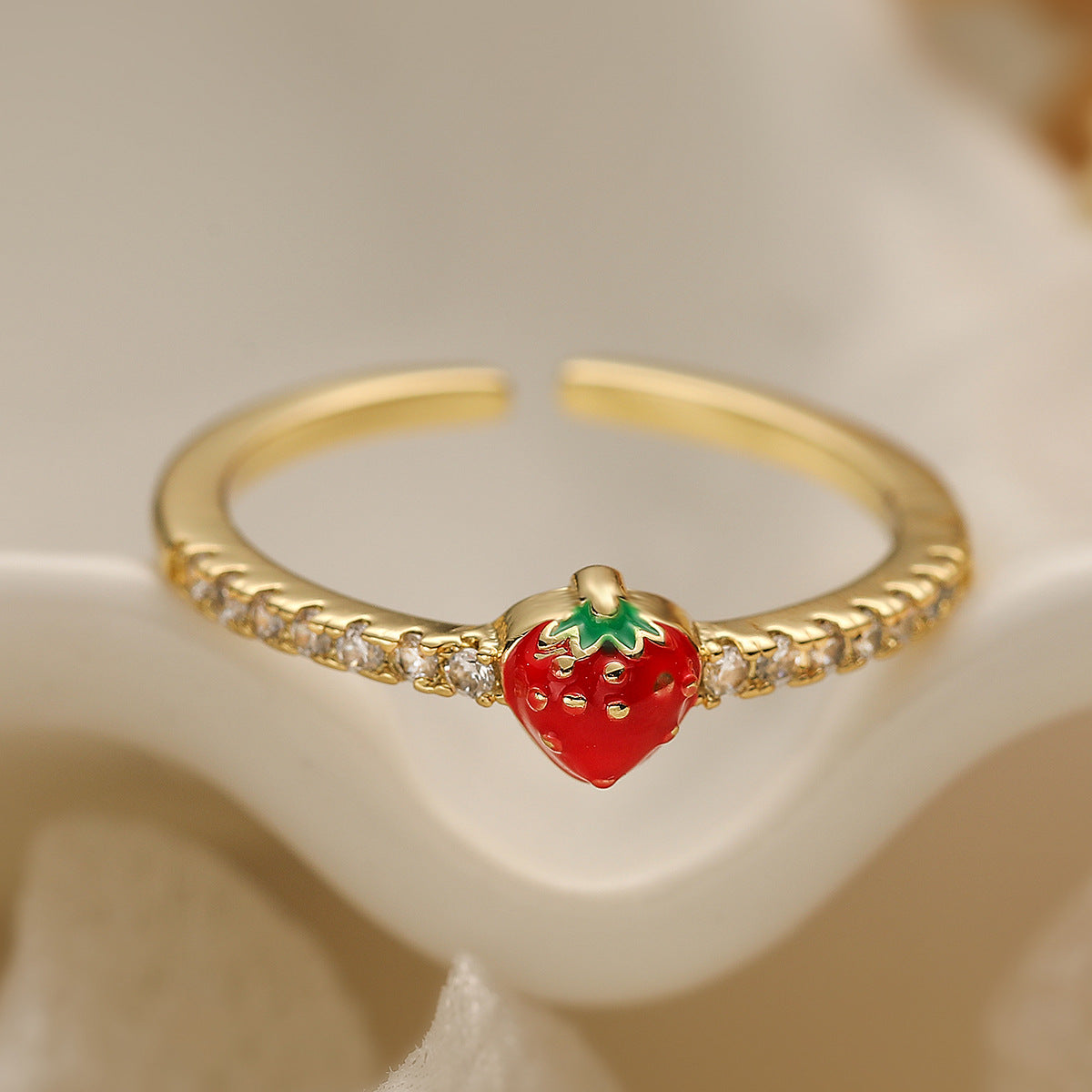 Minimalist Geometric Strawberry Cherry Open Ring for Women in Copper with Micro-Pavé Zirconia