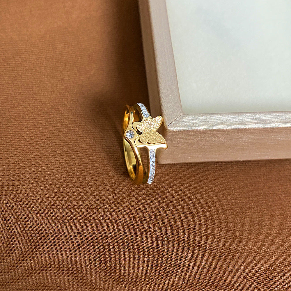 Minimalist Butterfly-Shaped Titanium Steel Ring with Rhinestone Inlay for Women and Men