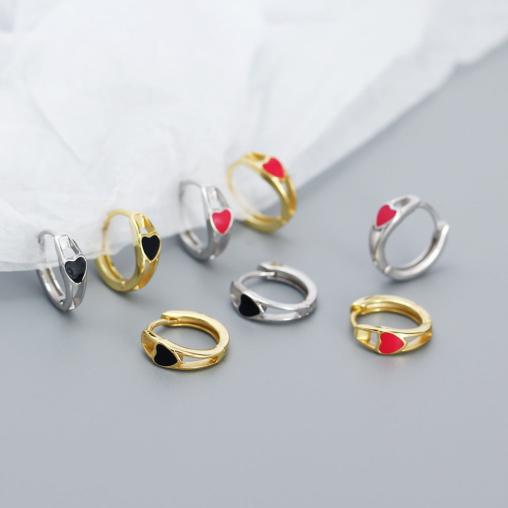 Minimalist Heart-Shaped S925 Sterling Silver Enamel Earrings for Women with Polished Finish