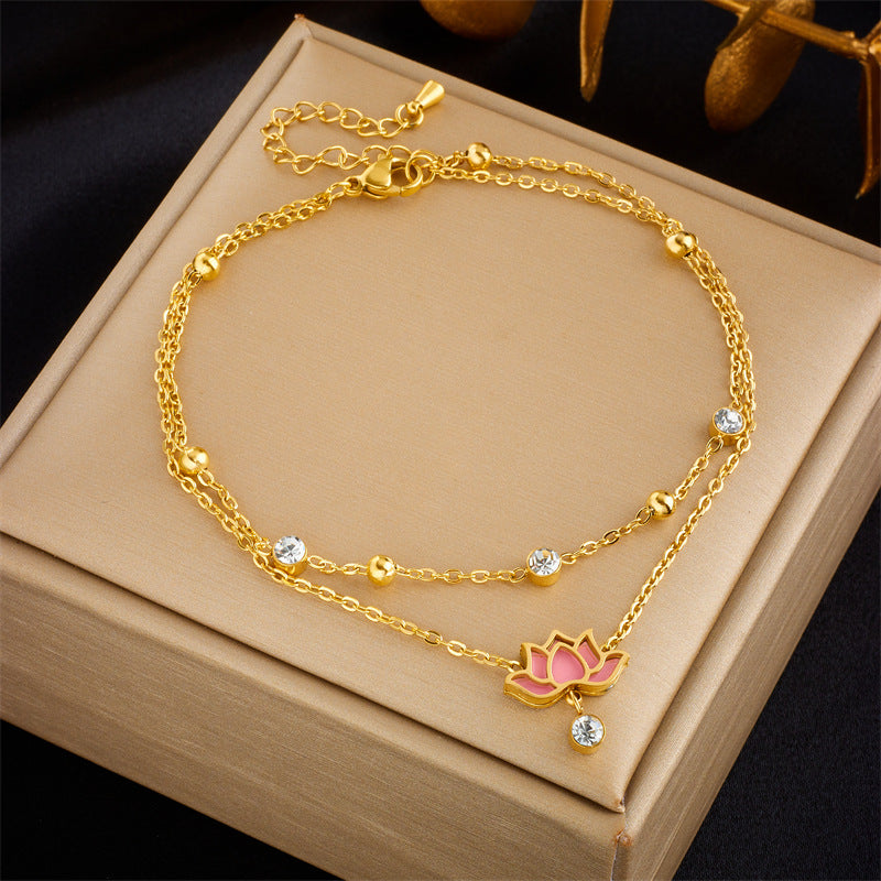 Cavigliera Minimalista Ispirata al Vintage a Doppio Strato con Perle a Cuore e Stella in Strass in Acciaio al Titanio