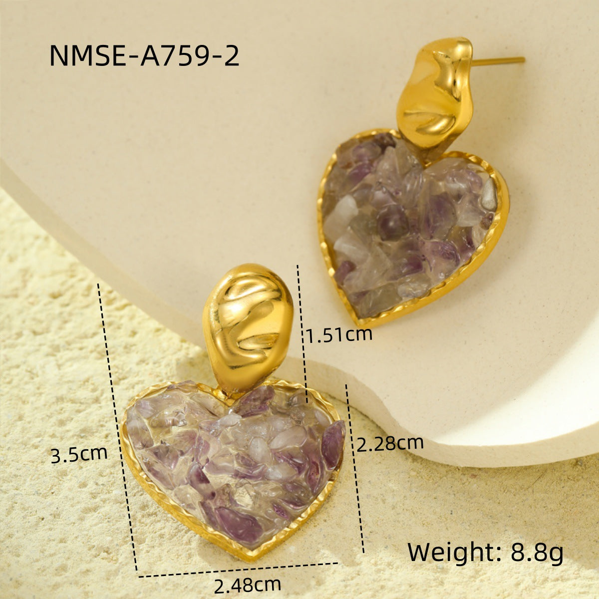 Fashionable Minimalist Heart-Shaped Natural Stone Inlaid Stainless Steel Earrings with 18K Gold Plating