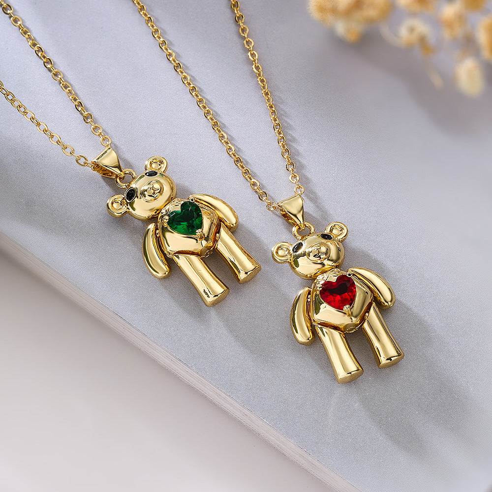 Cute Minimalist Bear-Shaped Copper Pendant Necklace with Real Gold Plating and Zircon Accents for Women