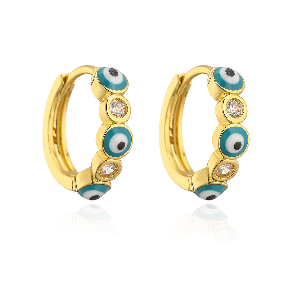 Geometric Demon Eye Earrings for Women with Copper Base Plated in Real Gold and Micro-Paved Zirconia with Enamel Finish