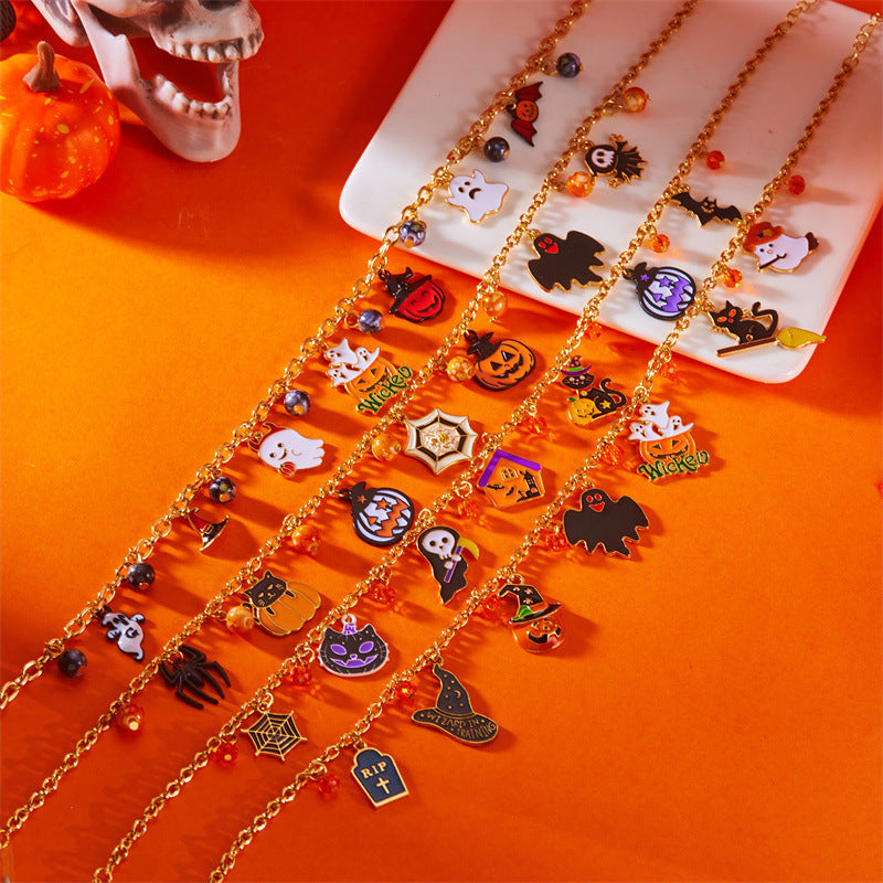 Collana girocollo con ciondolo gatto gotico e zucca scuri per Halloween, in lega placcata, gioielli unisex per costume