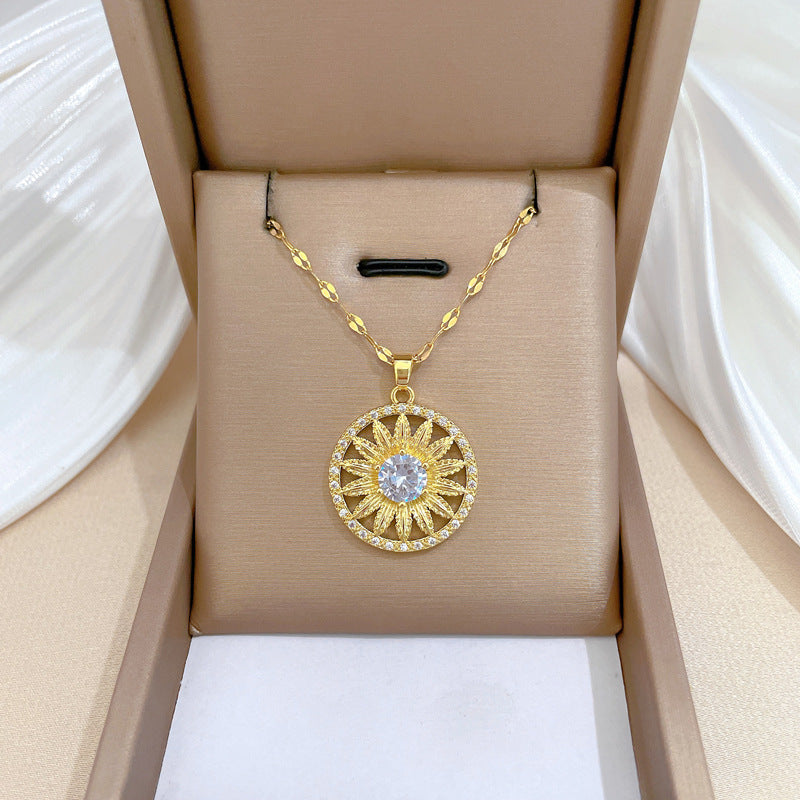 Collana pendente girasole minimalista in acciaio al titanio con intarsio di strass da donna e unisex, delicata catena per clavicola