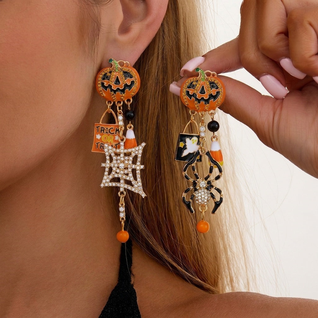 Halloween Geometric Pumpkin Skull Drip Oil Rhinestone Alloy Earrings Unisex