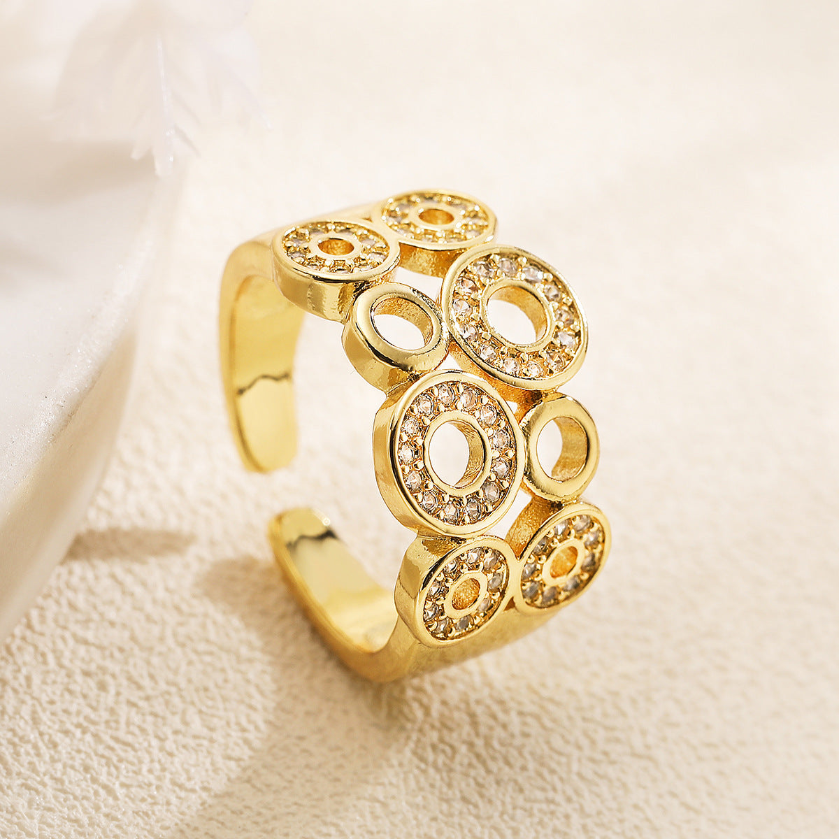 Geometric Open Ring for Women with Copper Base Plated in 18K Gold and Micro-Paved Zirconia, Fashion-Forward Minimalist Design