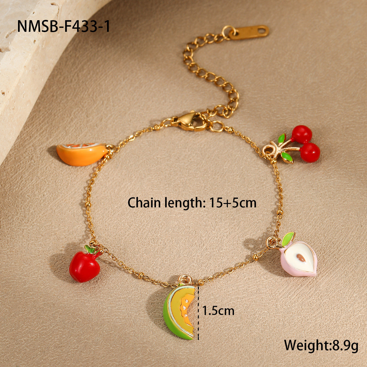 Fashionable OL Style Geometric Stainless Steel Bracelet with Cherry and Apple Fruit Motifs, Electroplated for Fade-Resistant Wear