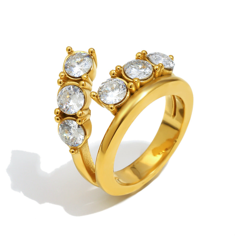 Minimalist Luxe Geometric Stainless Steel Ring with 18K Gold Vacuum Plating and Double-Layer Zirconia Accents