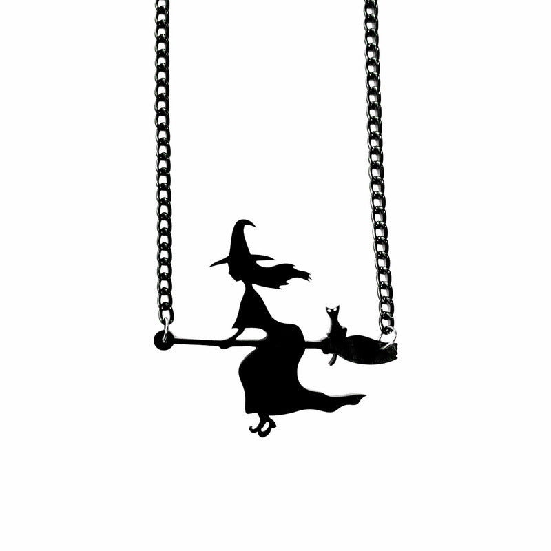 Collar gótico de Halloween con colgante de escoba de bruja, pez y gato negro para mujer y hombre, con cadena de serpiente en resina