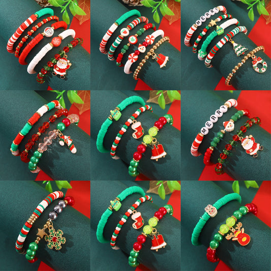 Handmade Polymer Clay Christmas Bracelet Set with Alphabet Beads Snowflake Reindeer Santa Charm Elastic Gift for Holiday Season