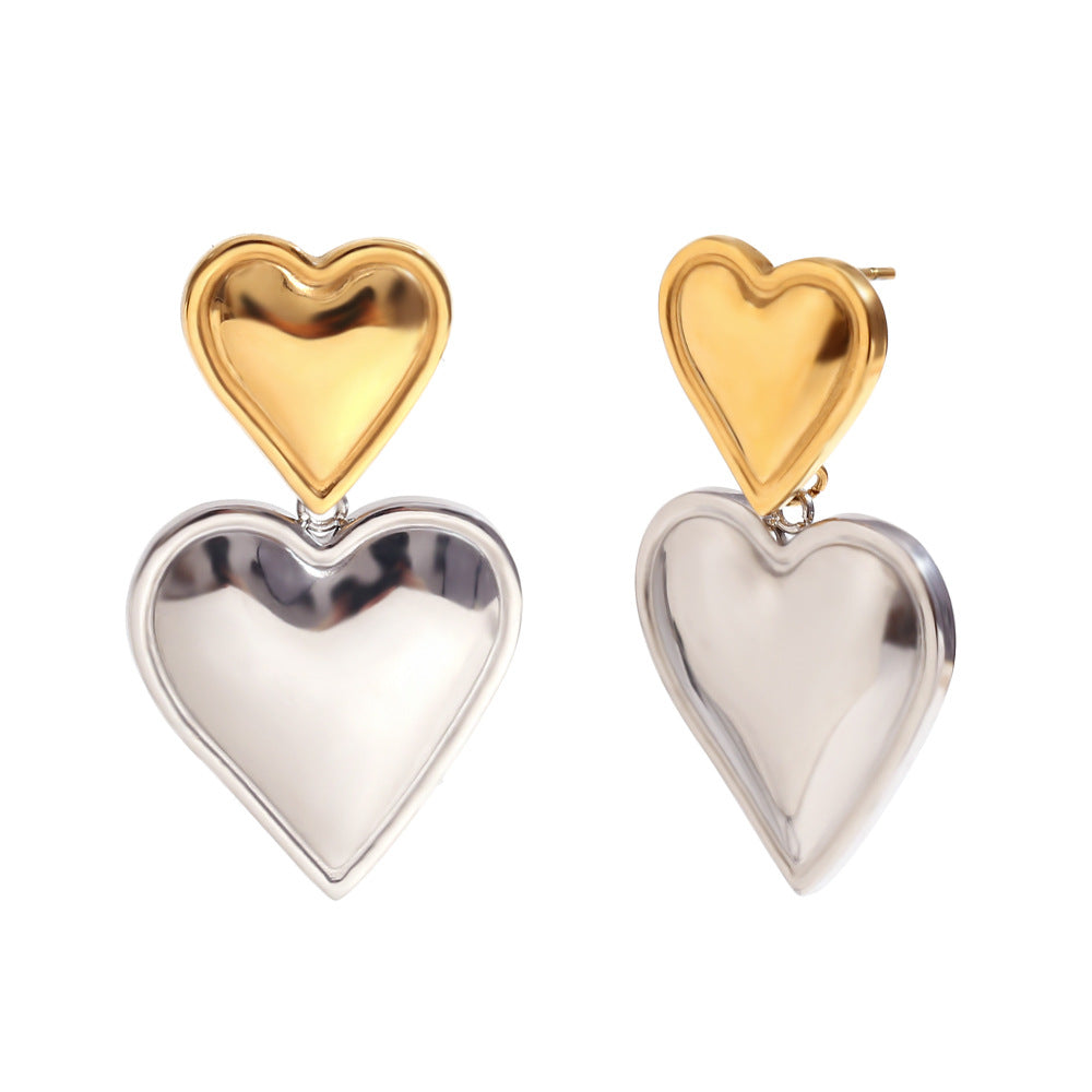 Aretes de acero inoxidable con forma de corazón de dos niveles, chapados en oro de 18 quilates, a la moda para mujer