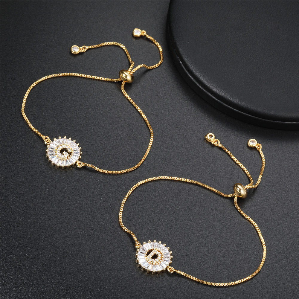 Minimalist Gold Plated Brass Letter Bracelet with Cubic Zirconia Adjustable A-Z