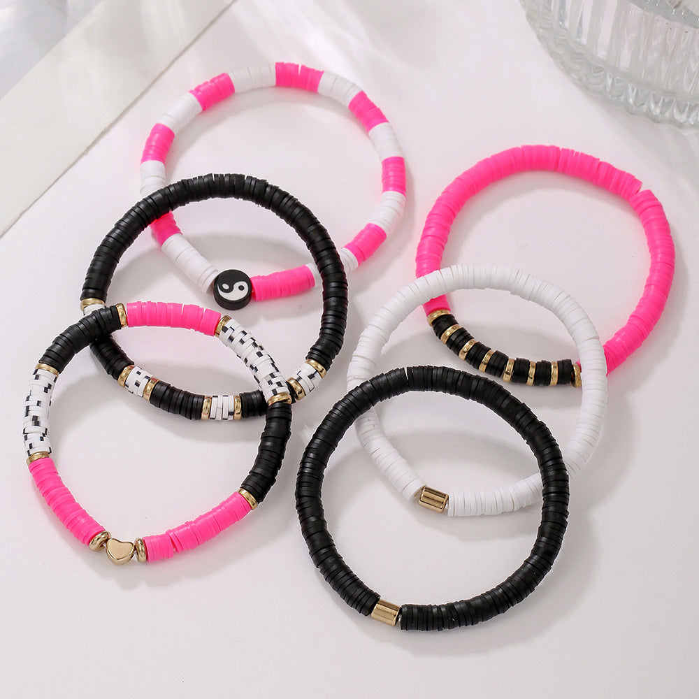 Handmade Polymer Clay Bracelet with Heart and Yin Yang Design Geometric Style for Unisex Friendship and Couple Layering