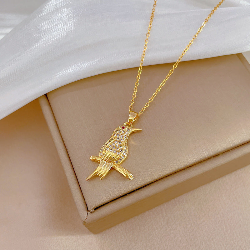 Minimalist Bird Pendant Necklace in Titanium Steel with Full Rhinestone Inlay for Women and Men