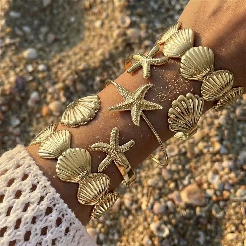 Gold Plated Alloy Geometric Starfish Shell Cuff Bracelet and Ring Set for Women