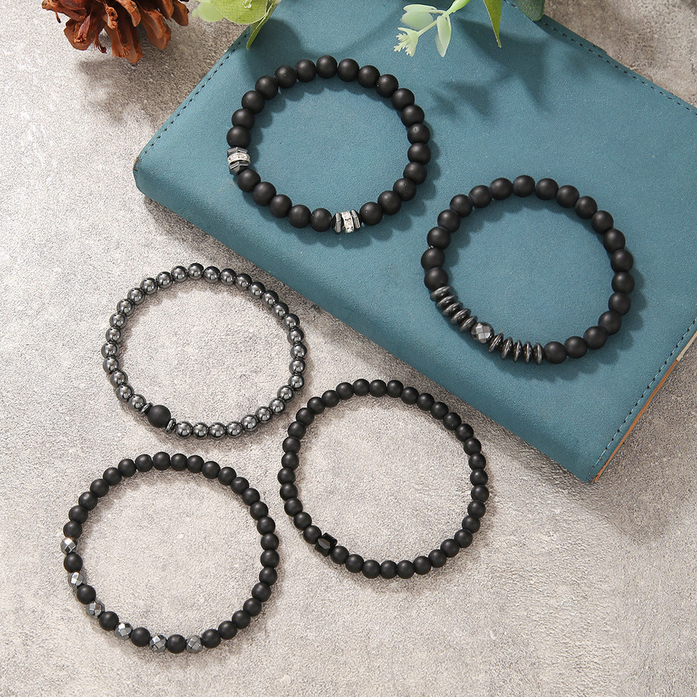 Matte Black Hematite Beaded Bracelet Set Geometric Round 6/8mm 5-Piece Unisex