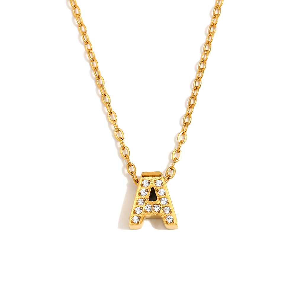 Minimalist Fashion Letter Pendant Necklace for Women Stainless Steel with 18K Gold Plating and Rhinestone Inlay