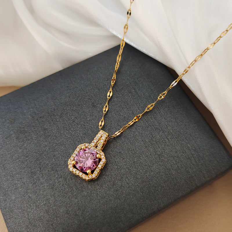 Minimalist Geometric Titanium Steel Necklace with Gold Plated Brass Pendant and Rhinestone Inlay