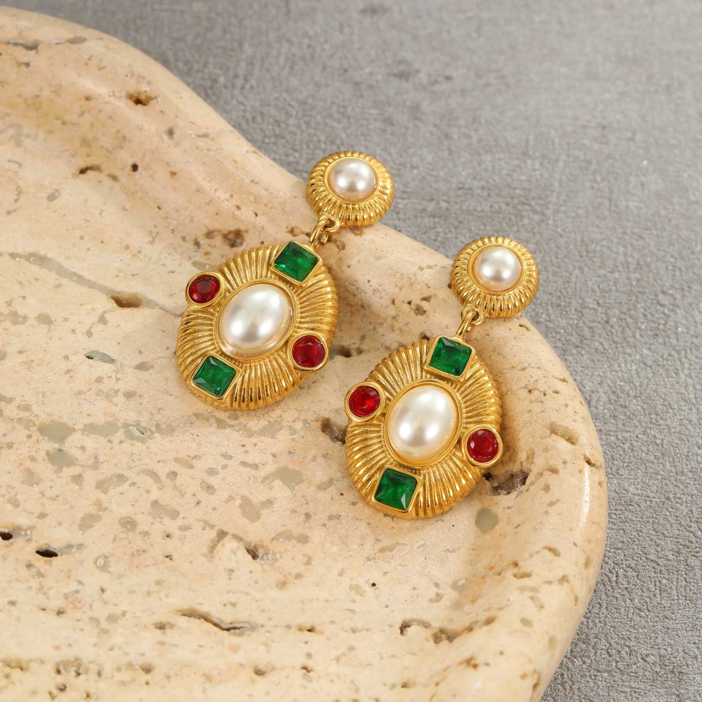 Vintage Geometric Stainless Steel Earrings with 18K Gold Plating, Pearl and Zircon Inlay for Women