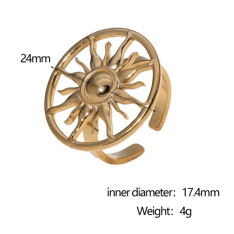 Minimalist Sun-Shaped Stainless Steel Ring with Gold Plating for Women, Geometric Open-Style Luxury Accessory