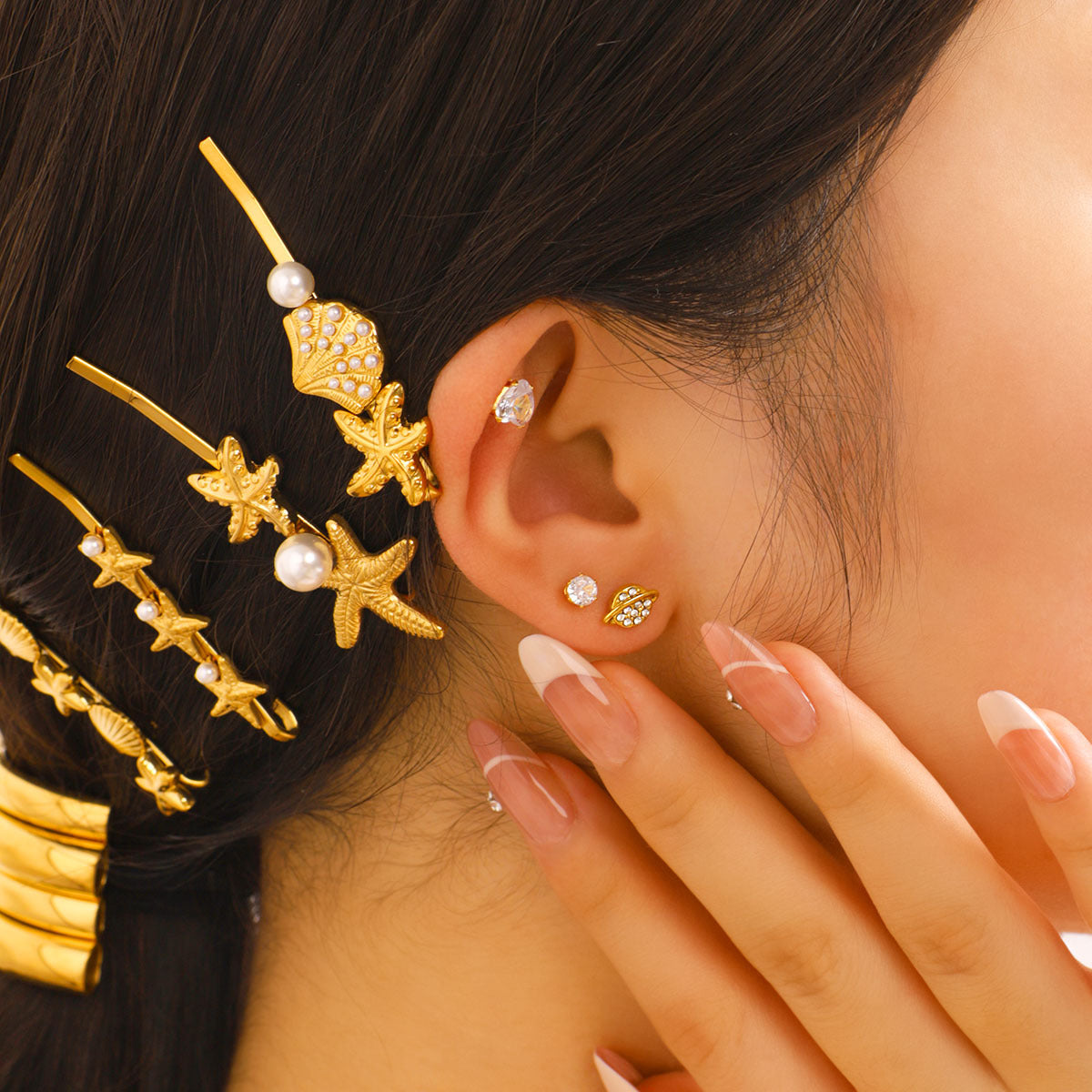 Minimalist Star and Planet Shaped Stainless Steel Earrings with Rhinestone Inlay for Women