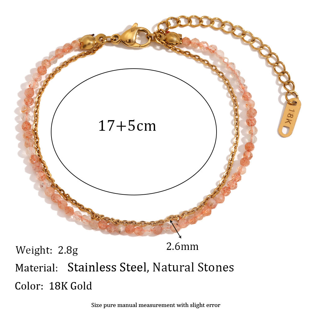 Fashionable Geometric Stainless Steel Plated 18K Gold Double Layer O-Chain Bracelet with Natural Green Australian Opal Beads for Women
