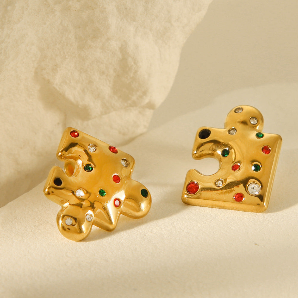 Geometric Puzzle-Inspired Ins Style 18K Gold Plated Stainless Steel Earrings for Women