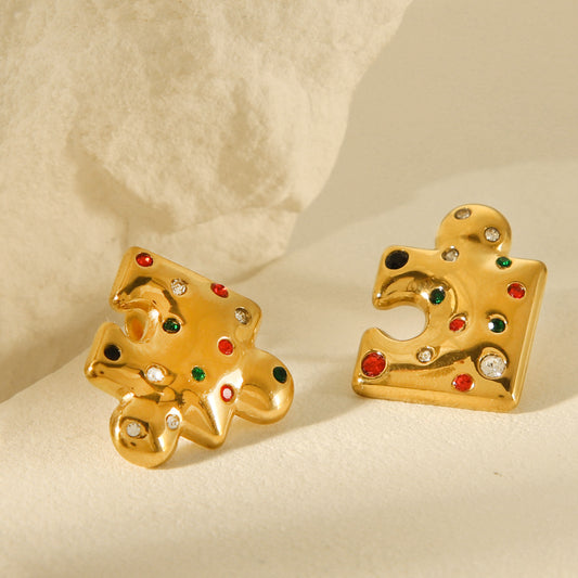 Orecchini da donna in acciaio inossidabile placcato oro 18 carati con design geometrico, stile ispirato ai puzzle